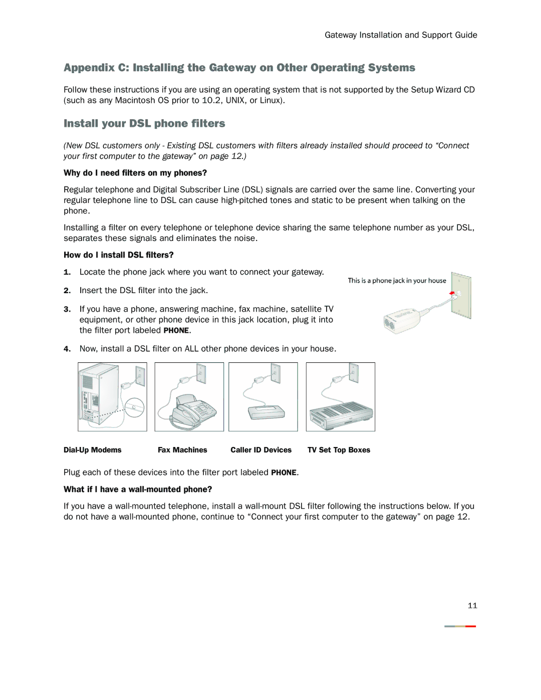 2Wire 1701HG, 1800HG, 1700HW Appendix C Installing the Gateway on Other Operating Systems, Install your DSL phone filters 