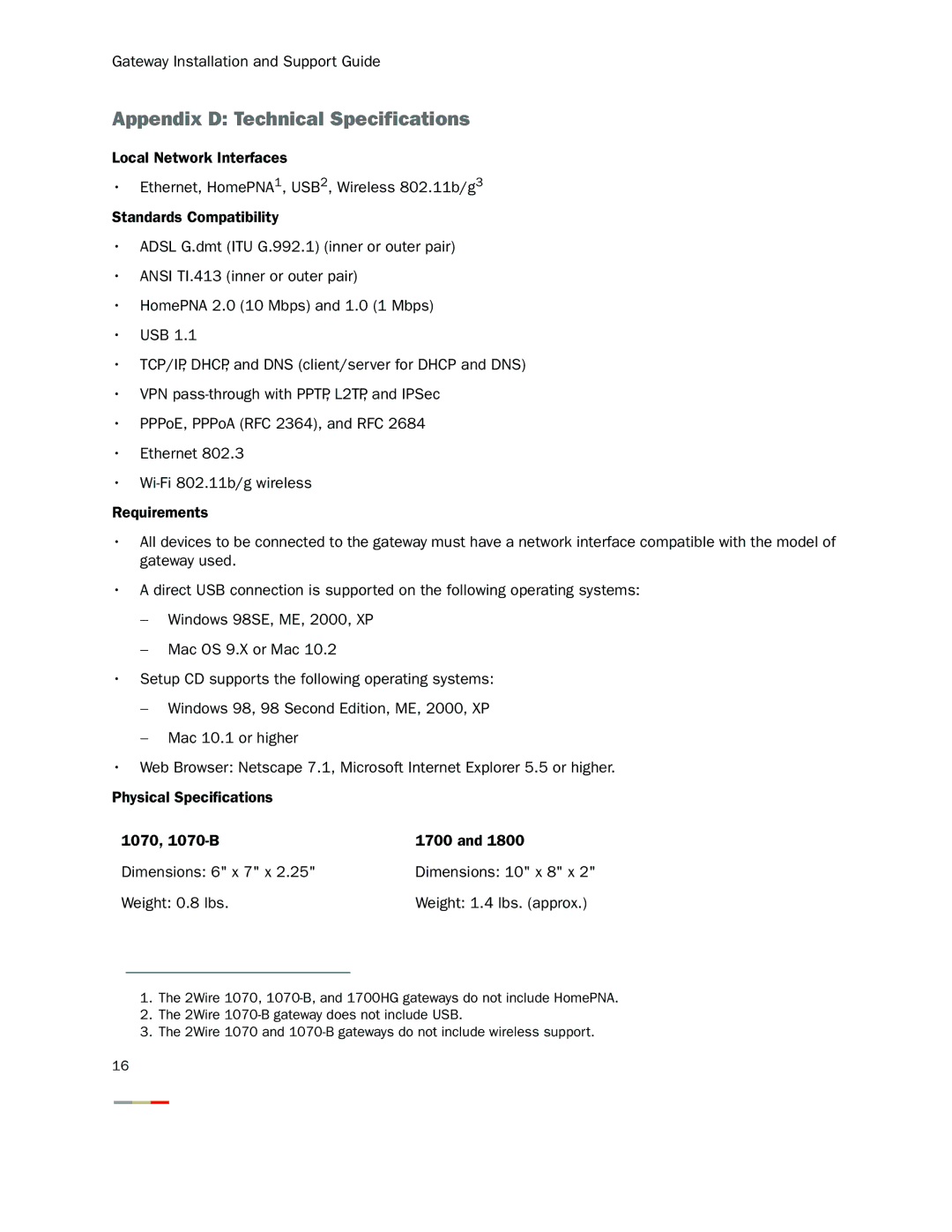 2Wire 1800HG, 1701HG, 1700HW manual Appendix D Technical Specifications 