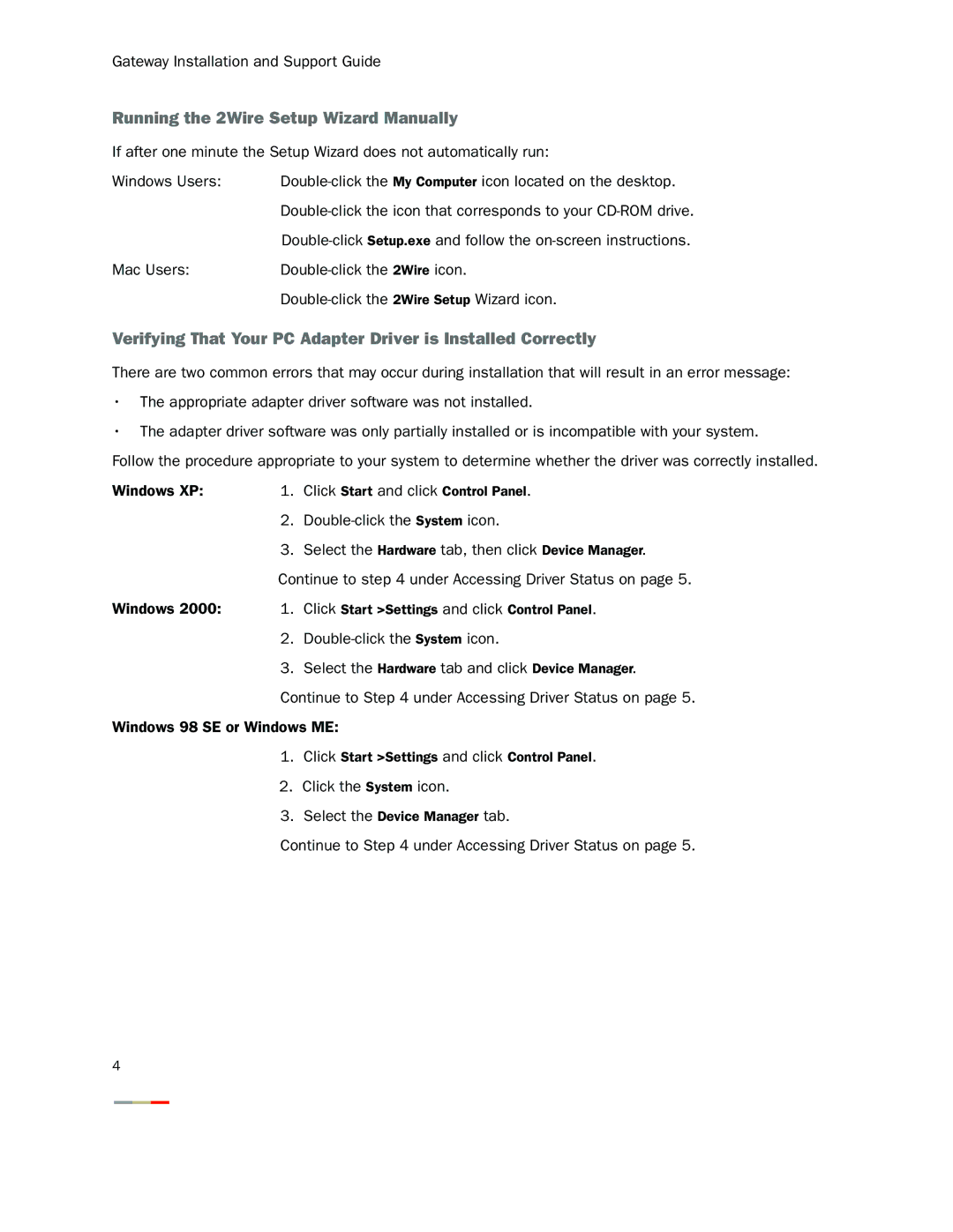 2Wire 1800HG, 1701HG Running the 2Wire Setup Wizard Manually, Verifying That Your PC Adapter Driver is Installed Correctly 