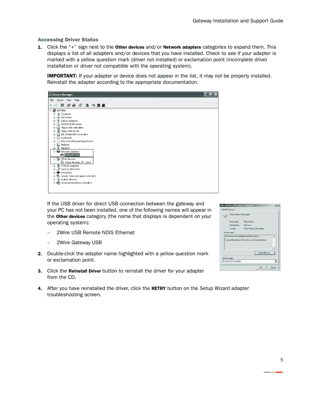 2Wire 1701HG, 1800HG, 1700HW manual Accessing Driver Status 