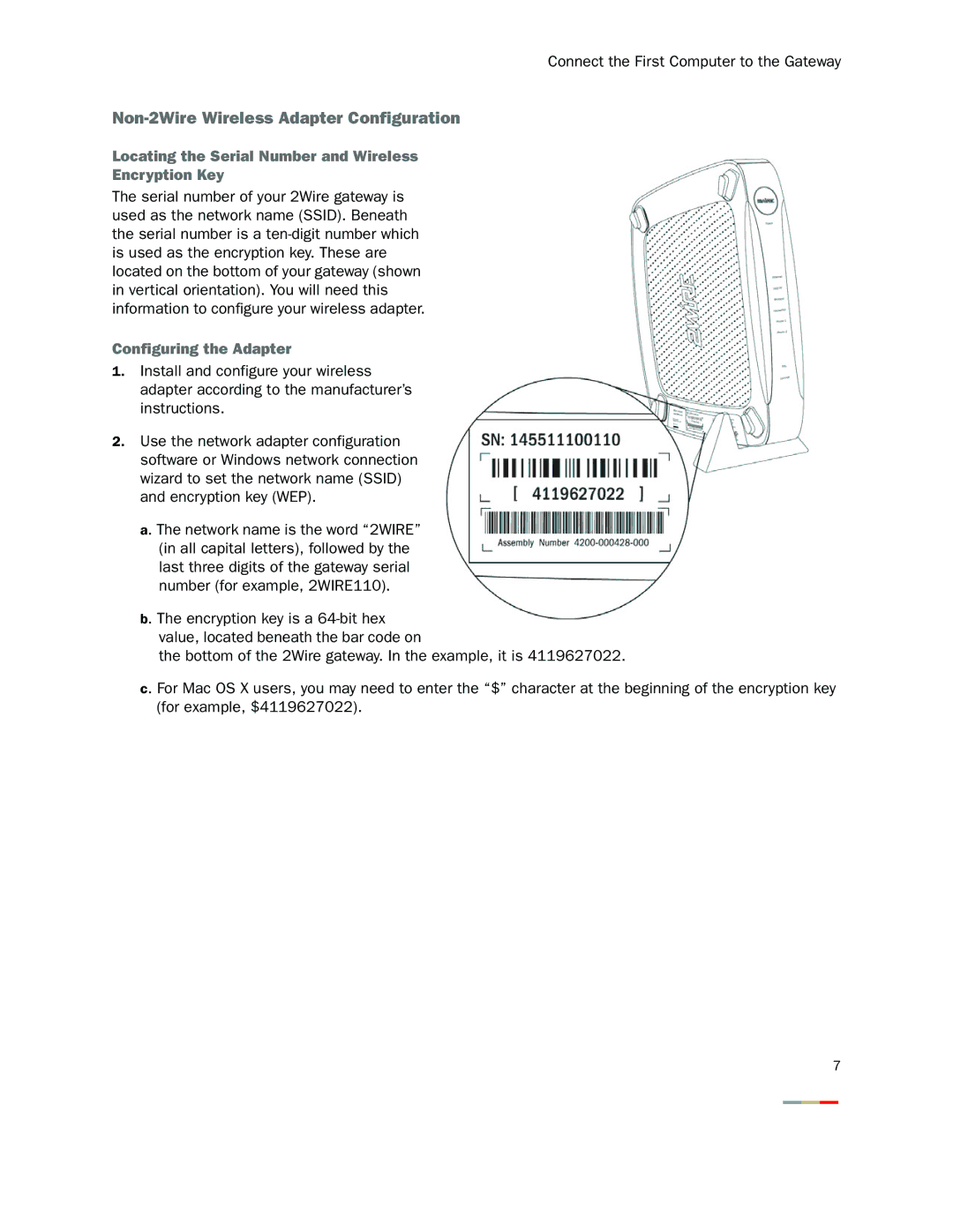 2Wire 2000 Series manual Non-2Wire Wireless Adapter Configuration, Locating the Serial Number and Wireless Encryption Key 