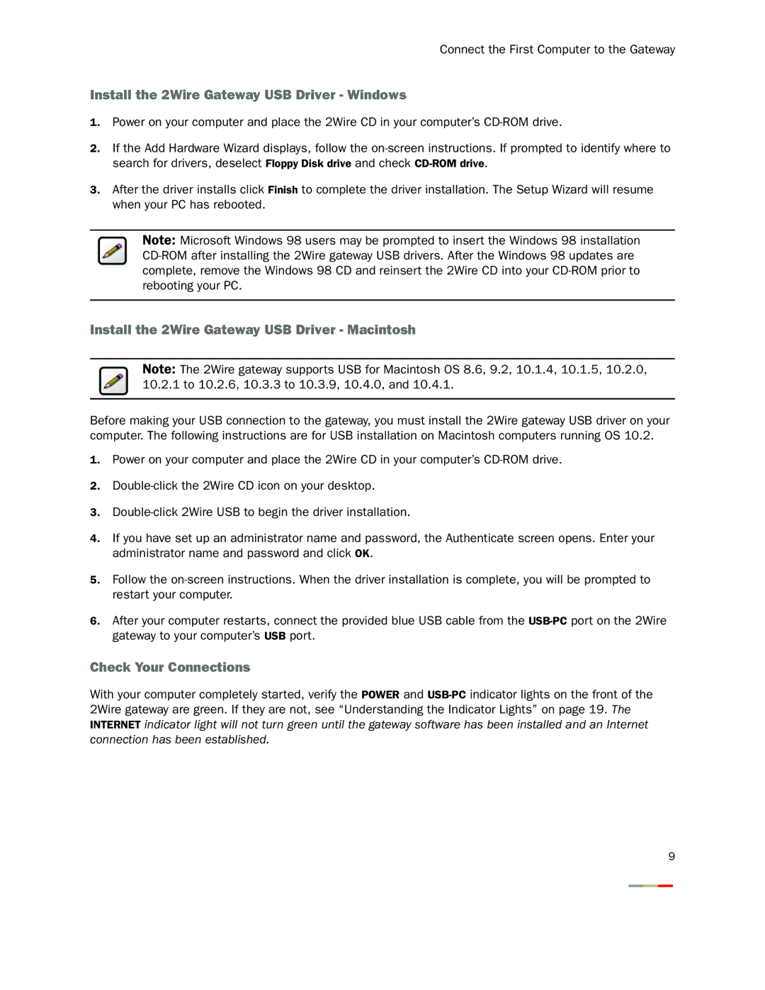 2Wire 2000 Series manual Install the 2Wire Gateway USB Driver Windows, Install the 2Wire Gateway USB Driver Macintosh 