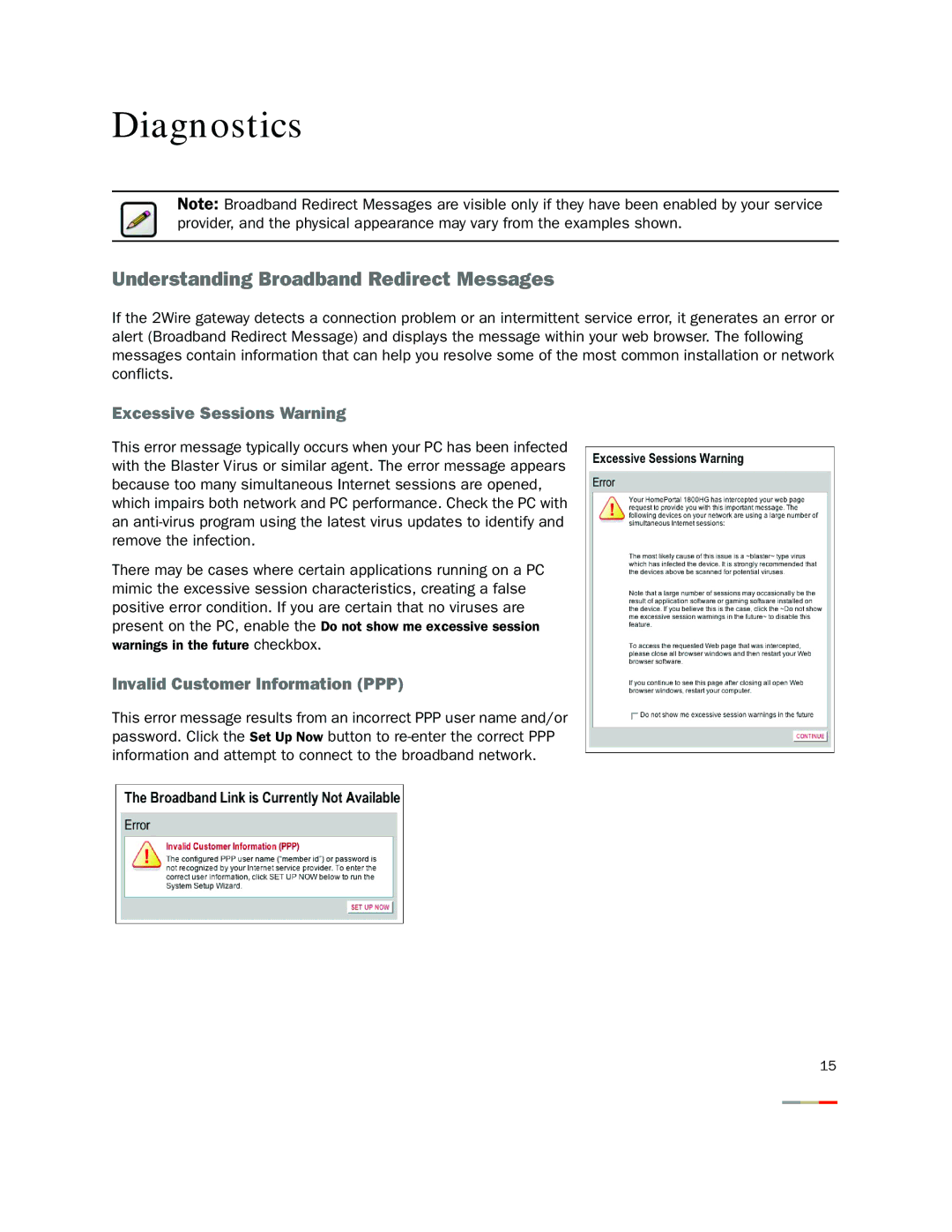 2Wire 2000 Series manual Diagnostics, Understanding Broadband Redirect Messages, Excessive Sessions Warning 