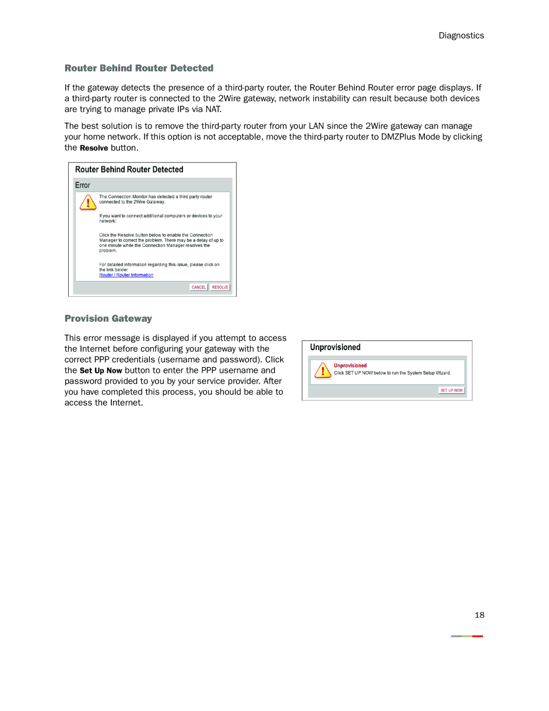 2Wire 2000 Series manual Router Behind Router Detected, Provision Gateway 