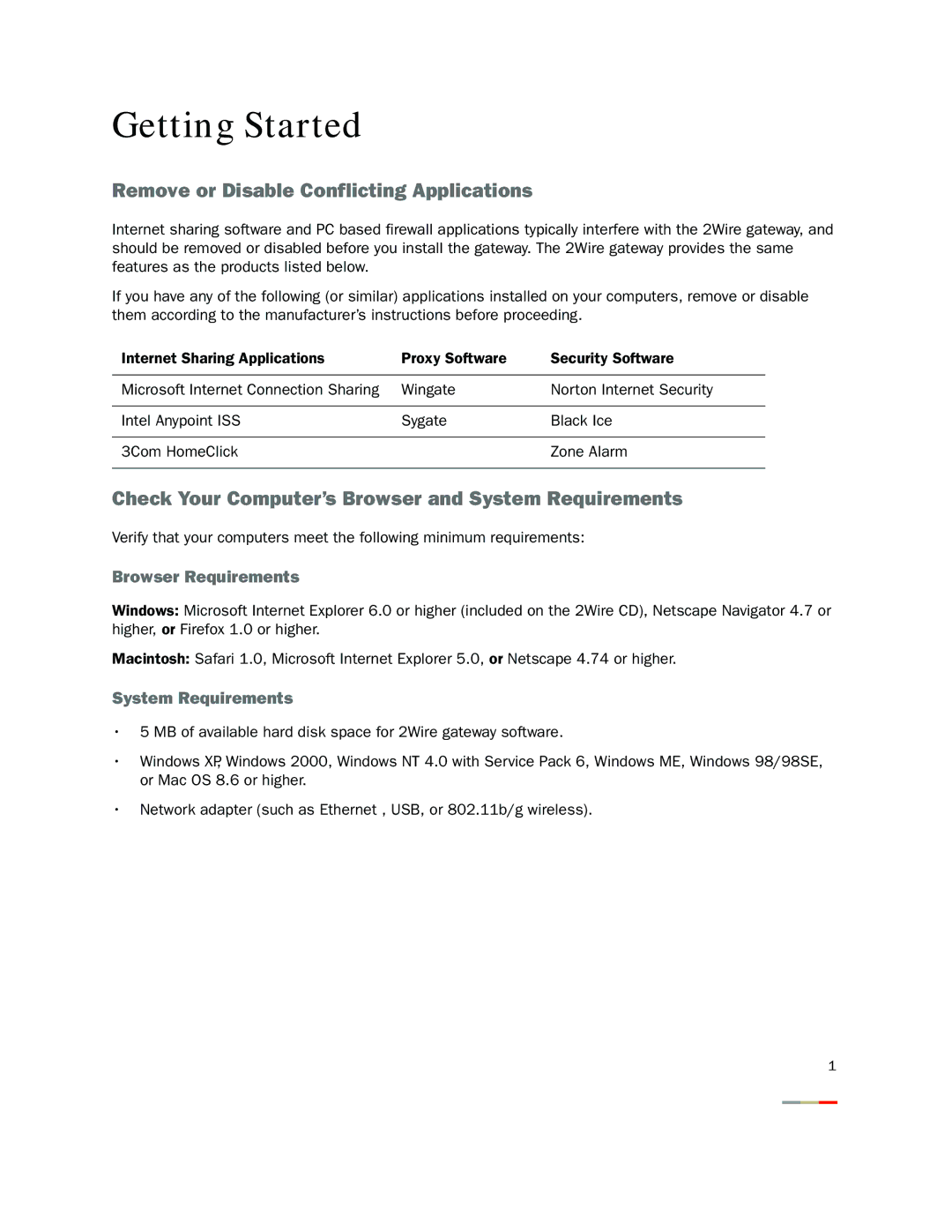 2Wire 2000 Series Getting Started, Remove or Disable Conflicting Applications, Browser Requirements, System Requirements 