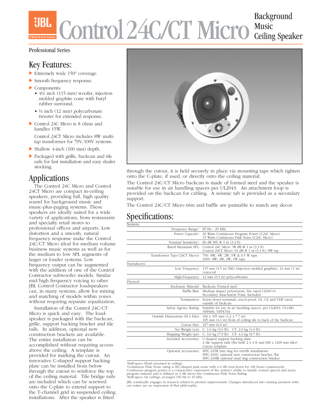 2Wire 24CT specifications Background, Ceiling Speaker, Key Features, Applications, Speciﬁcations 