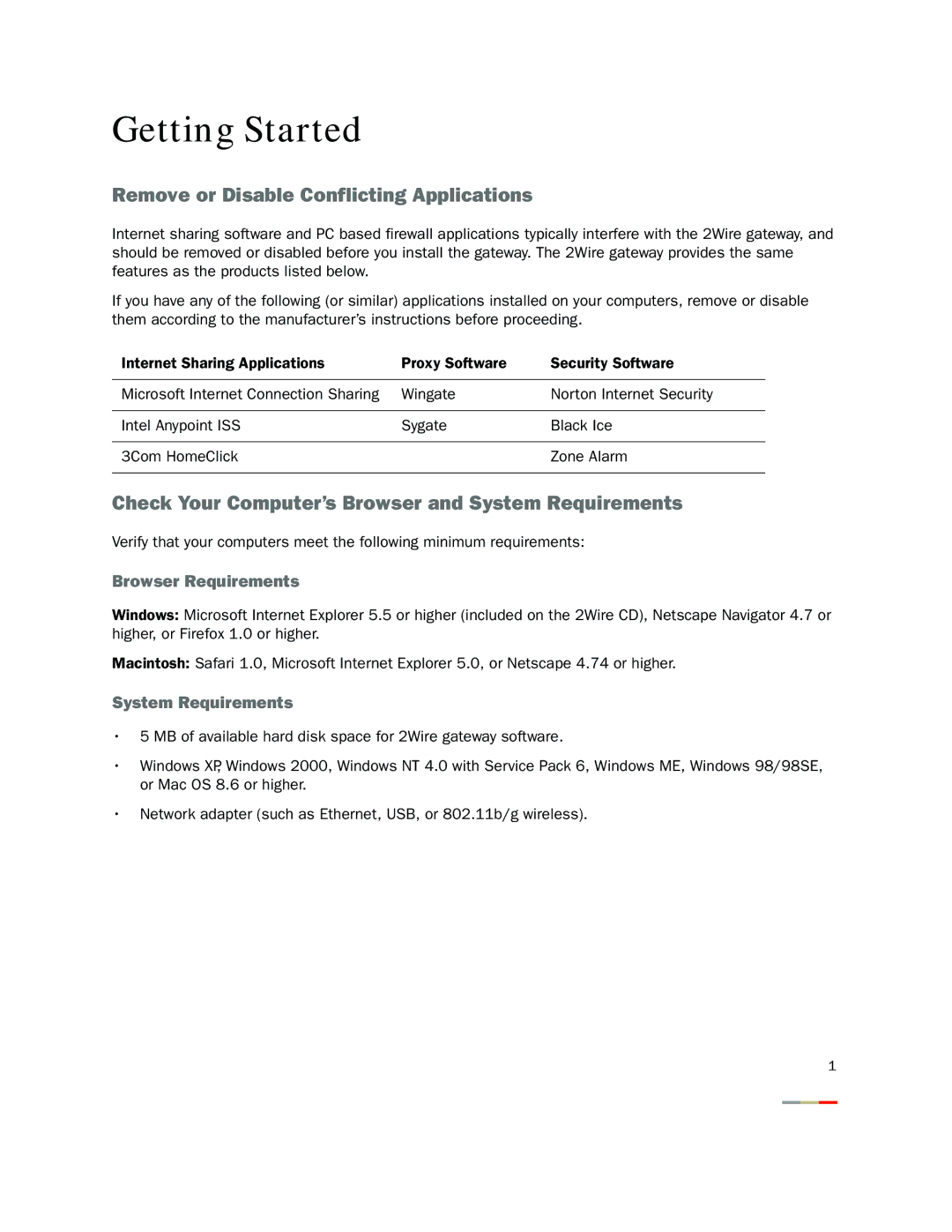 2Wire 2701HG-S Getting Started, Remove or Disable Conflicting Applications, Browser Requirements, System Requirements 