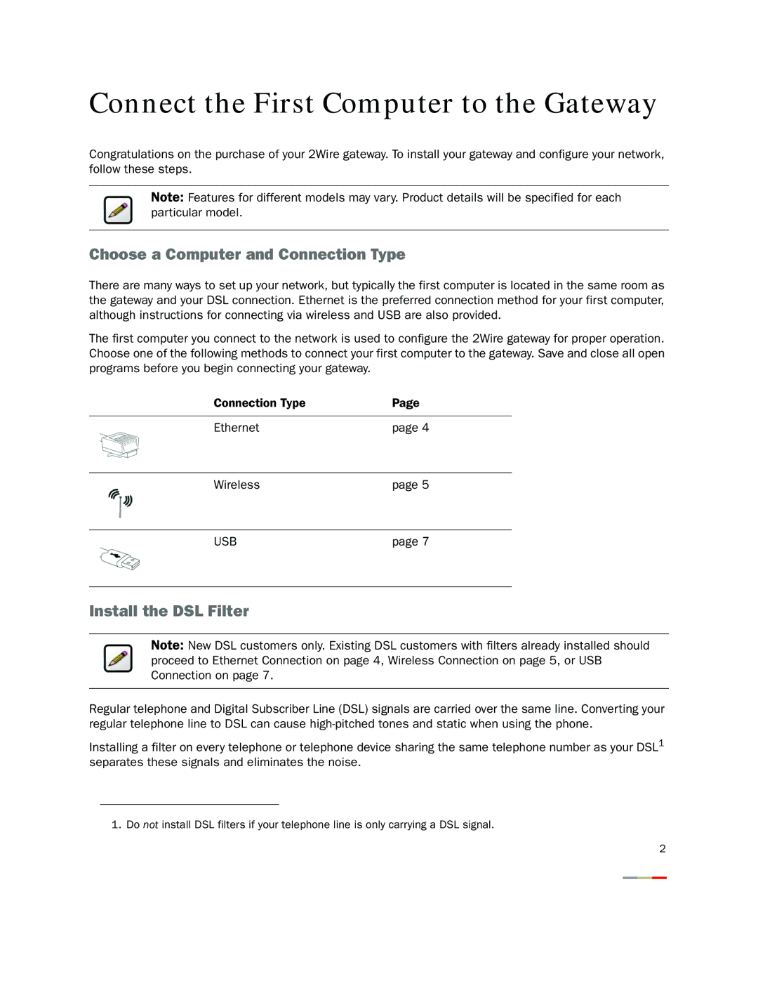 2Wire 2701HG-T Connect the First Computer to the Gateway, Choose a Computer and Connection Type, Install the DSL Filter 