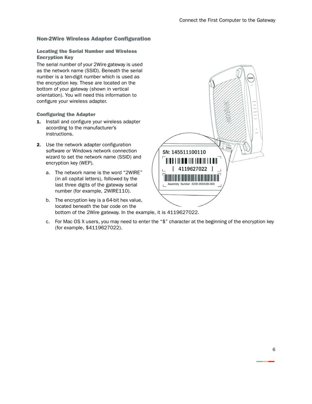 2Wire 2701HG-S, 2701HG-T Non-2Wire Wireless Adapter Configuration, Locating the Serial Number and Wireless Encryption Key 