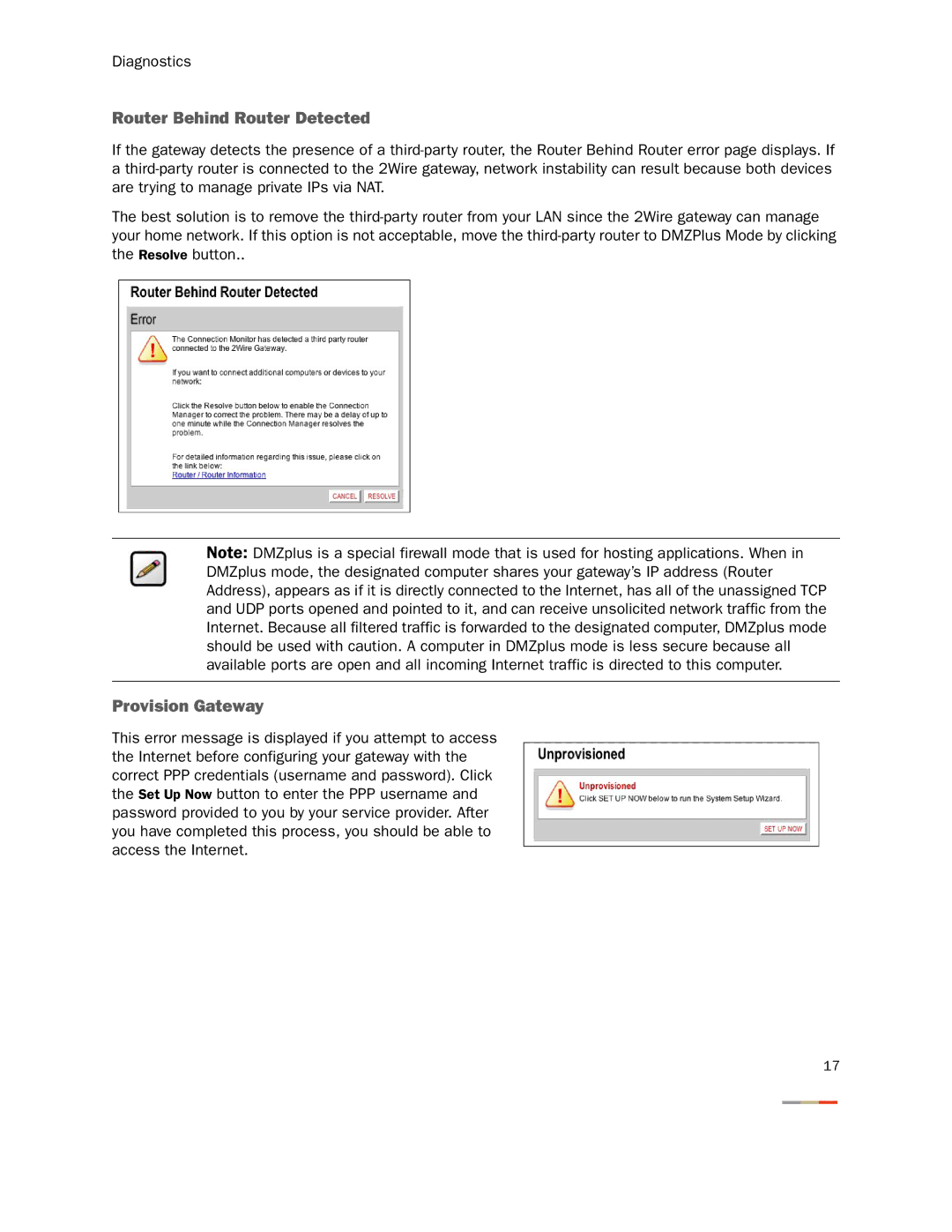 2Wire 2701HGV-W manual Router Behind Router Detected, Provision Gateway 