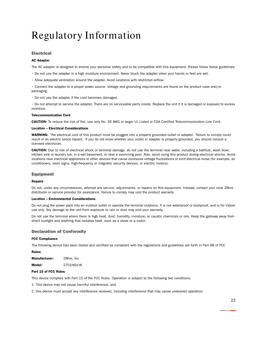 2Wire 2701HGV-W manual Regulatory Information, Electrical 