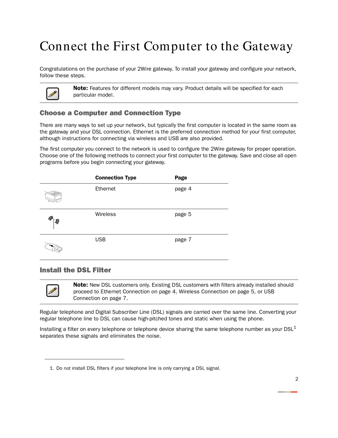 2Wire 2701HGV-W Connect the First Computer to the Gateway, Choose a Computer and Connection Type, Install the DSL Filter 