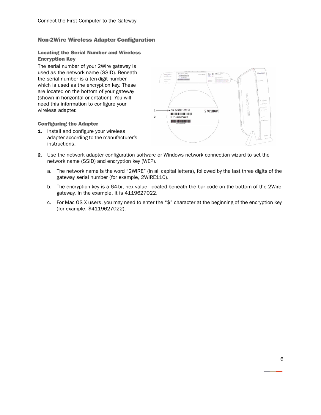 2Wire 2701HGV-W manual Non-2Wire Wireless Adapter Configuration, Locating the Serial Number and Wireless Encryption Key 