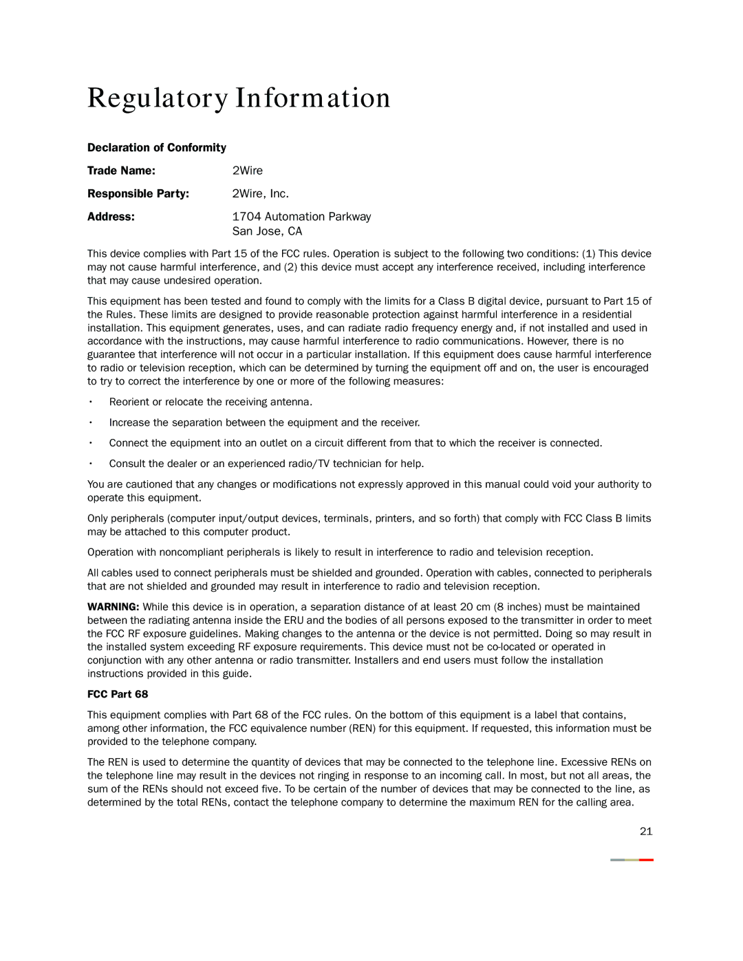 2Wire 2WIRE2071 manual Regulatory Information 