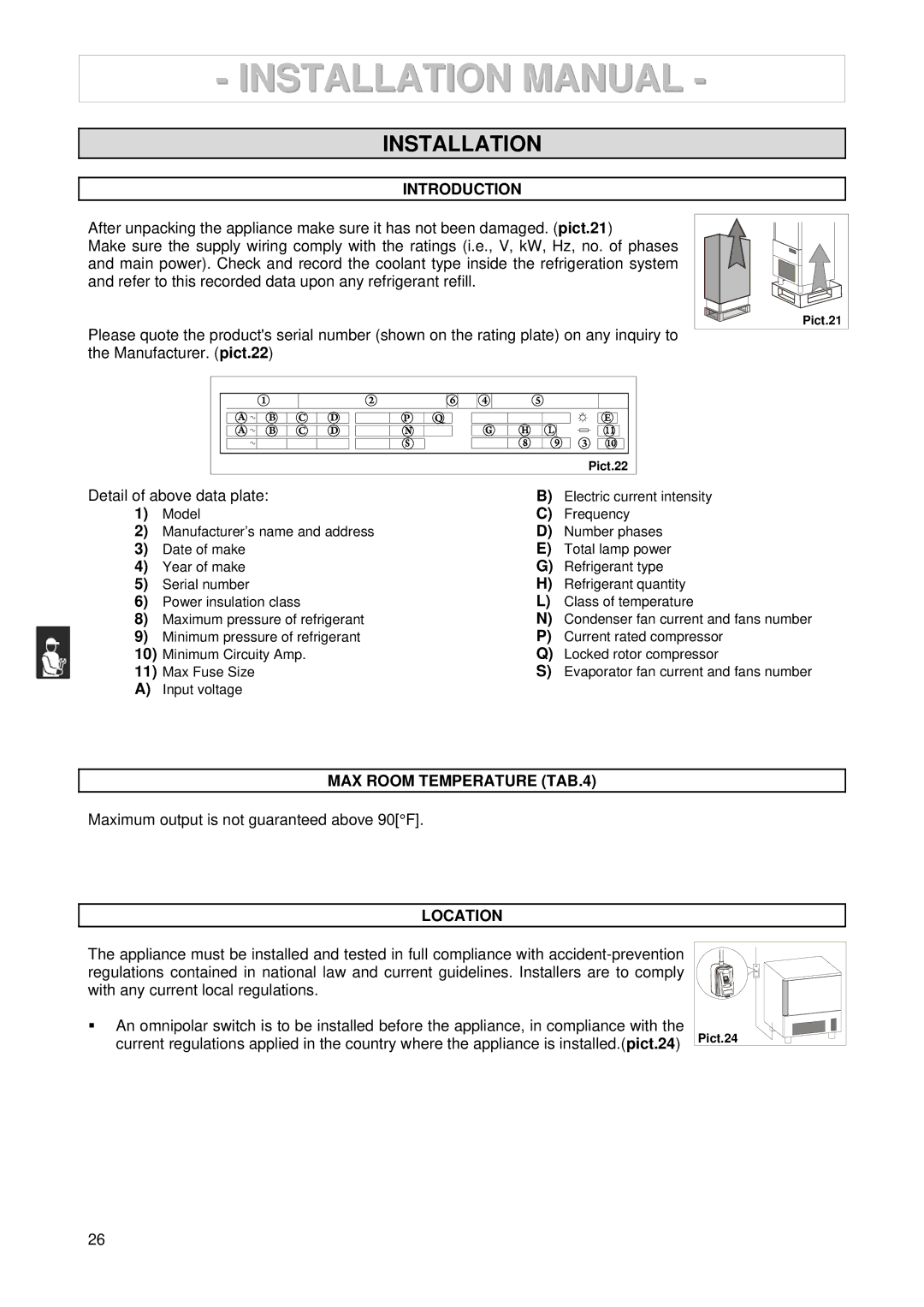 2Wire 3185550/146127 Installation, Introduction, Detail of above data plate, MAX Room Temperature TAB.4, Location 