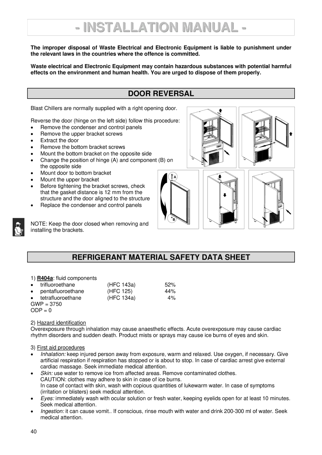 2Wire 3185550/146127 manuel dutilisation Door Reversal, Refrigerant Material Safety Data Sheet, Mount the upper bracket 