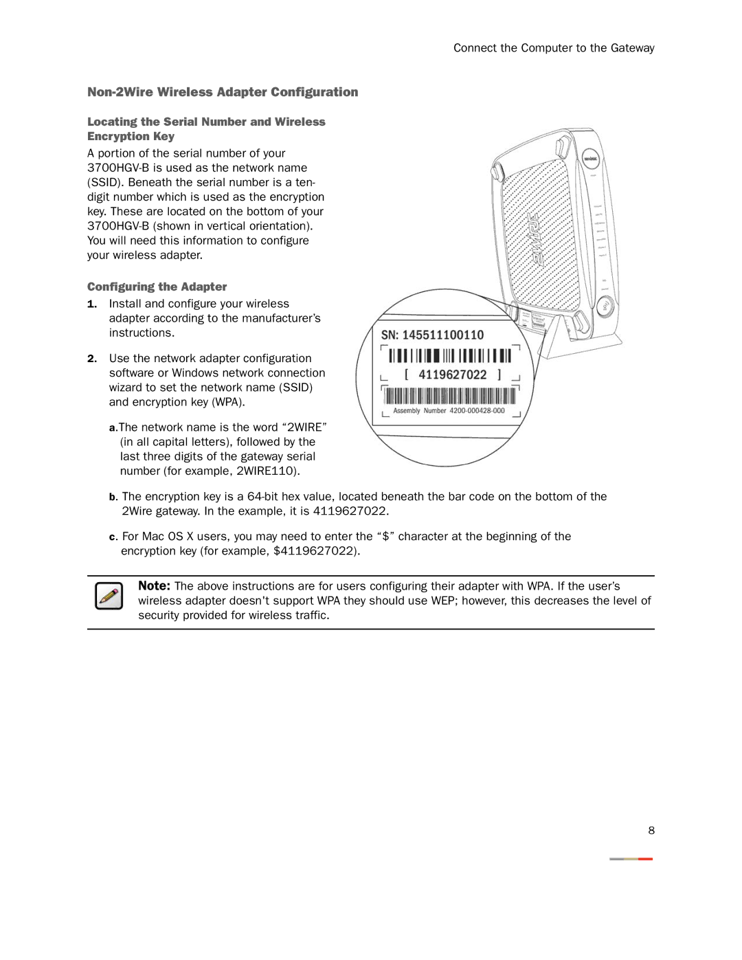 2Wire 3800HGV-B manual Non-2Wire Wireless Adapter Configuration, Locating the Serial Number and Wireless Encryption Key 