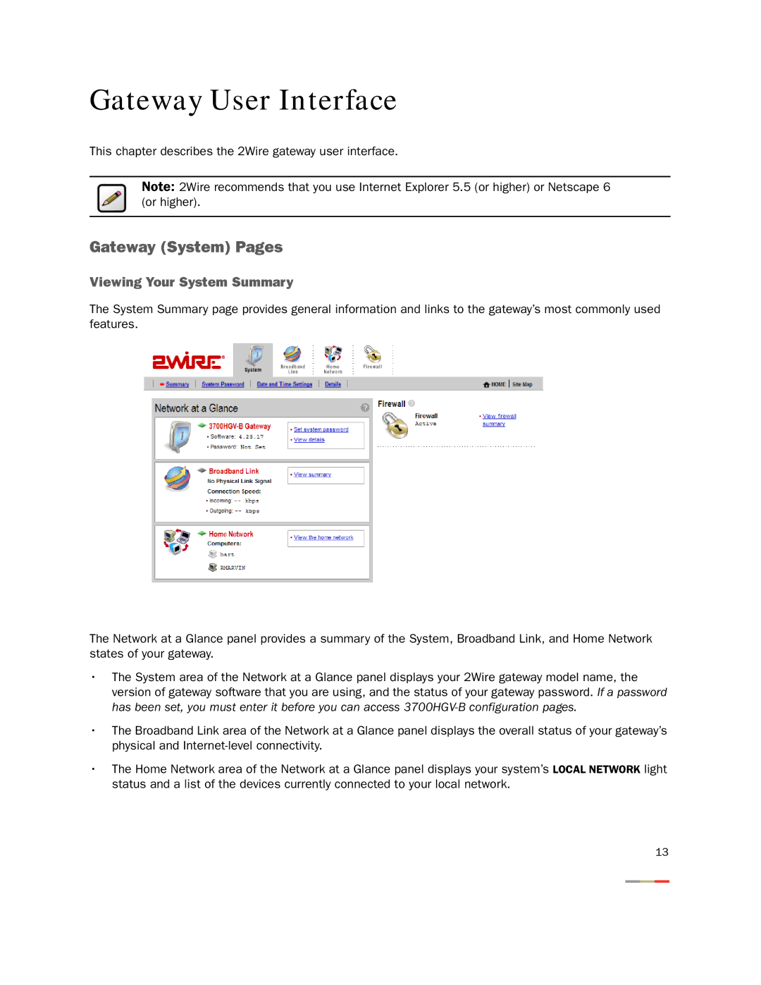 2Wire 3800HGV-B manual Gateway User Interface, Gateway System Pages, Viewing Your System Summary 