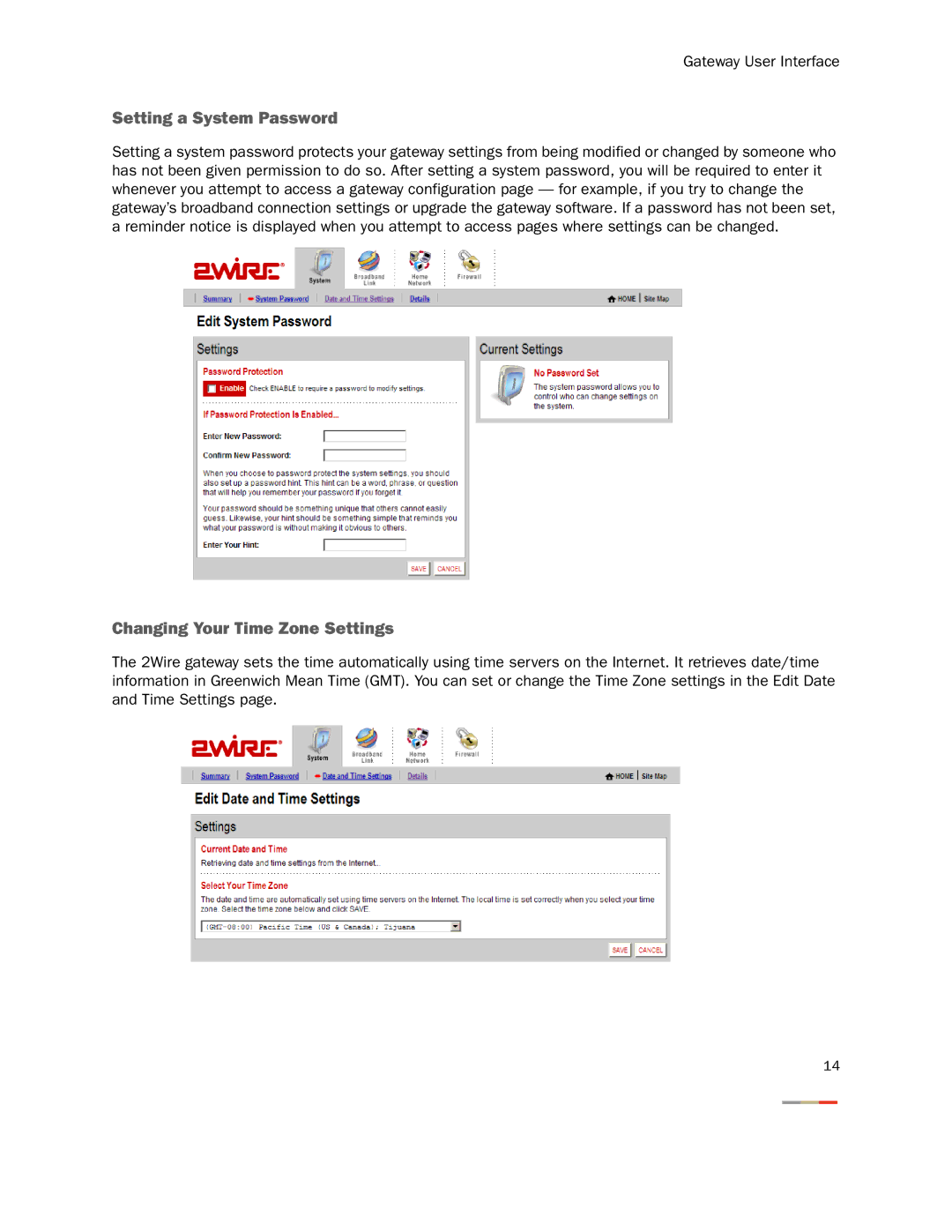 2Wire 3800HGV-B manual Setting a System Password, Changing Your Time Zone Settings 