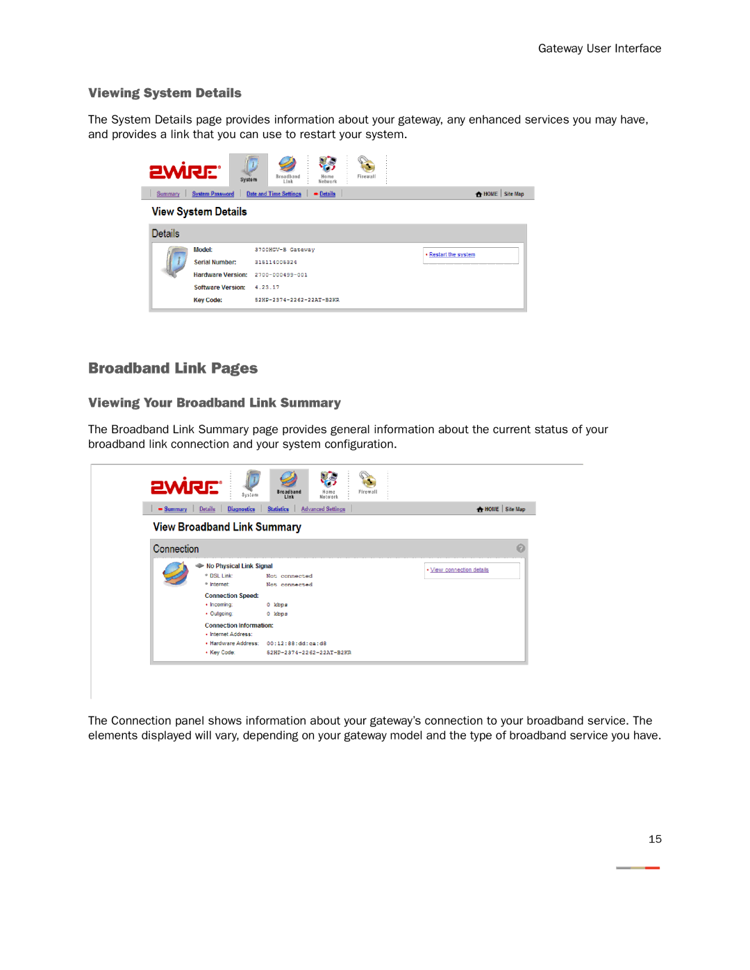 2Wire 3800HGV-B manual Broadband Link Pages, Viewing System Details, Viewing Your Broadband Link Summary 