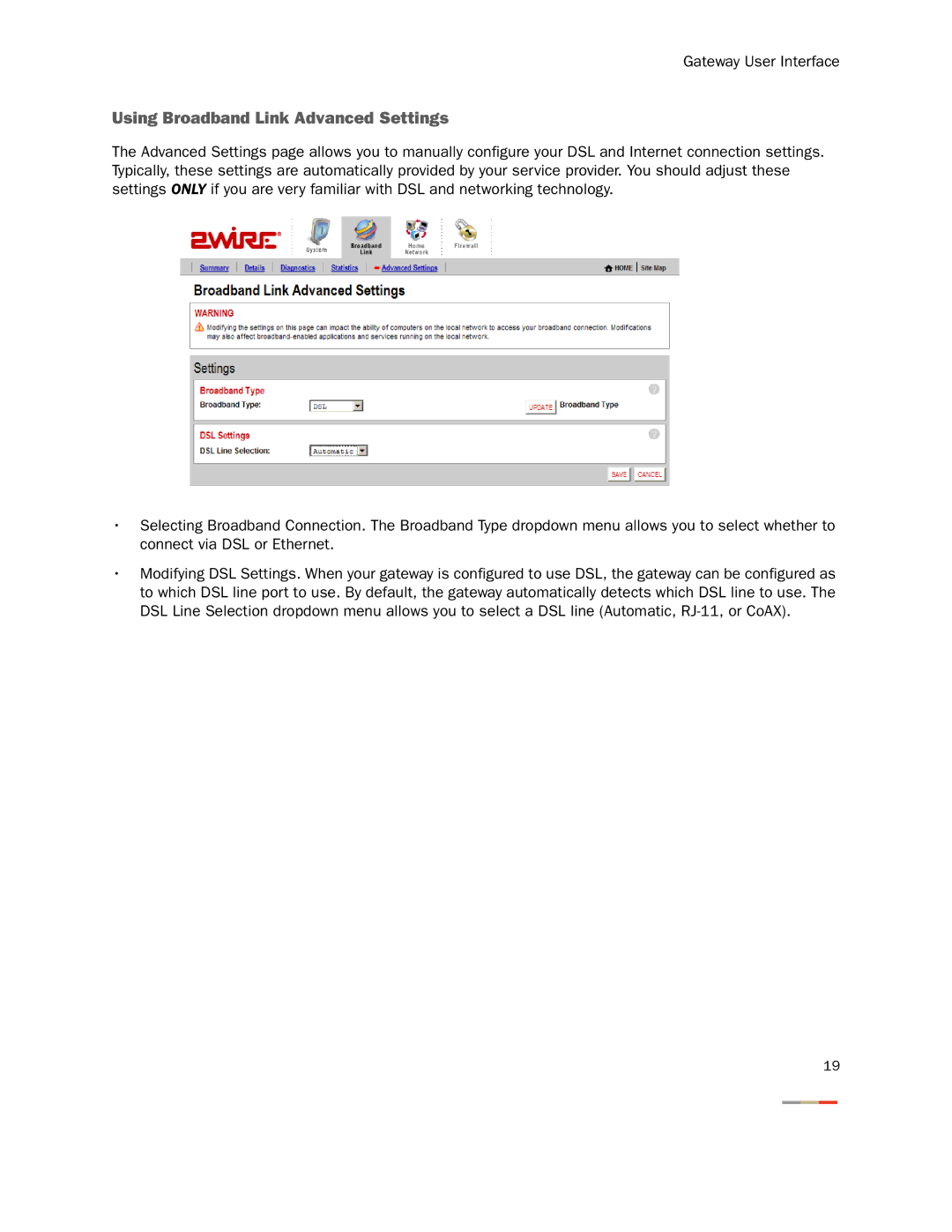 2Wire 3800HGV-B manual Using Broadband Link Advanced Settings 