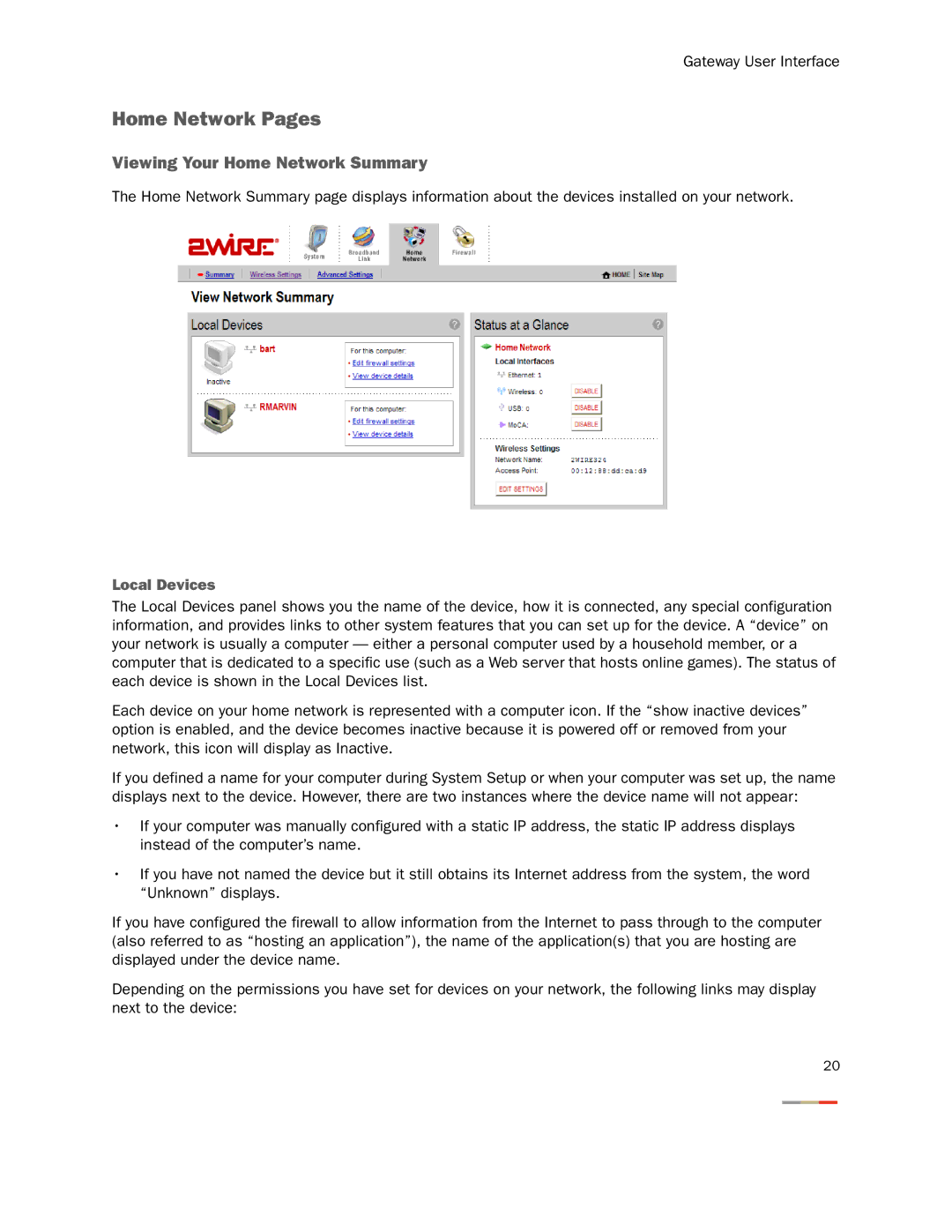 2Wire 3800HGV-B manual Home Network Pages, Viewing Your Home Network Summary, Local Devices 