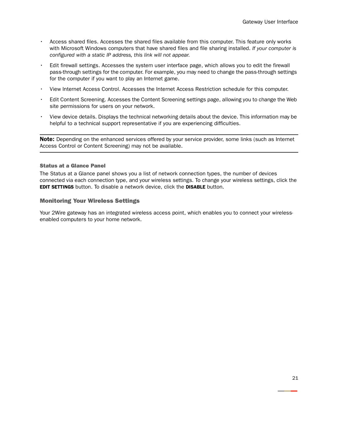 2Wire 3800HGV-B manual Monitoring Your Wireless Settings, Status at a Glance Panel 