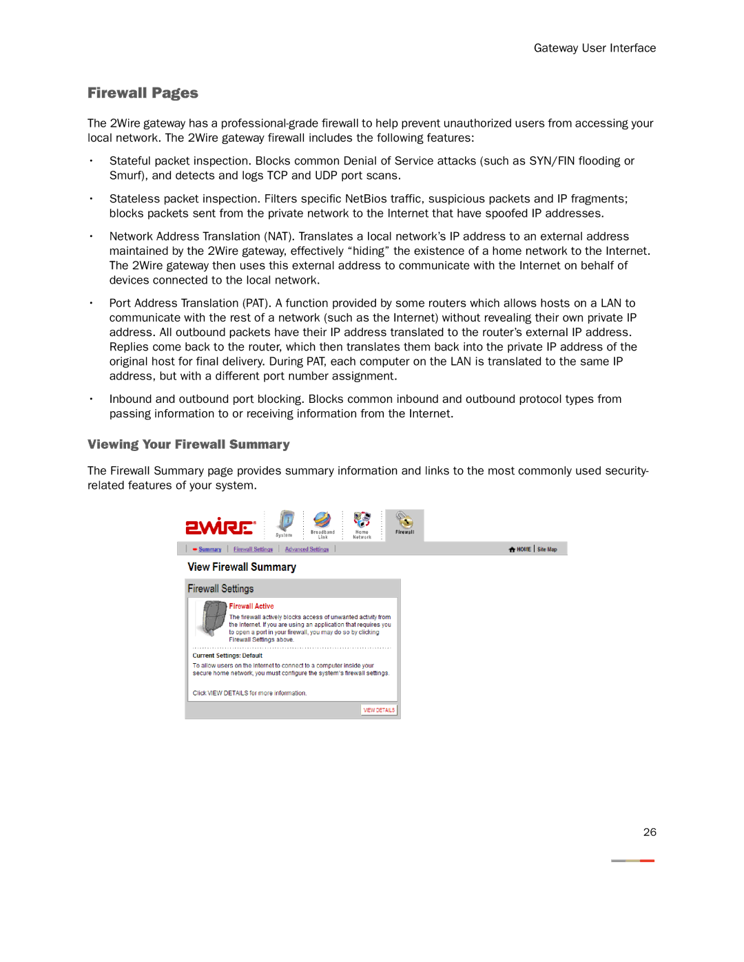 2Wire 3800HGV-B manual Firewall Pages, Viewing Your Firewall Summary 