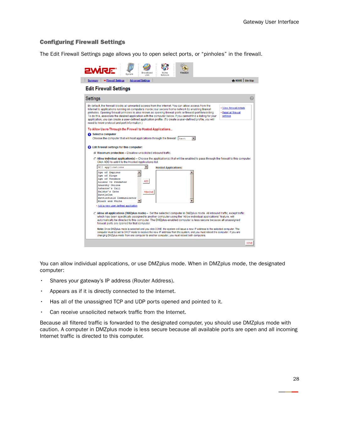 2Wire 3800HGV-B manual Configuring Firewall Settings 