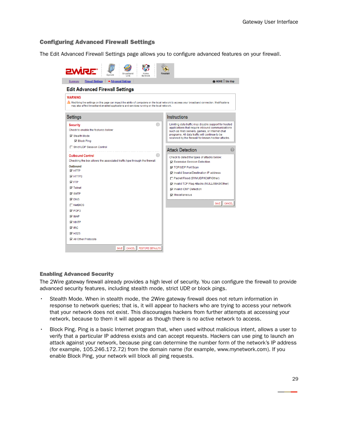 2Wire 3800HGV-B manual Configuring Advanced Firewall Settings, Enabling Advanced Security 