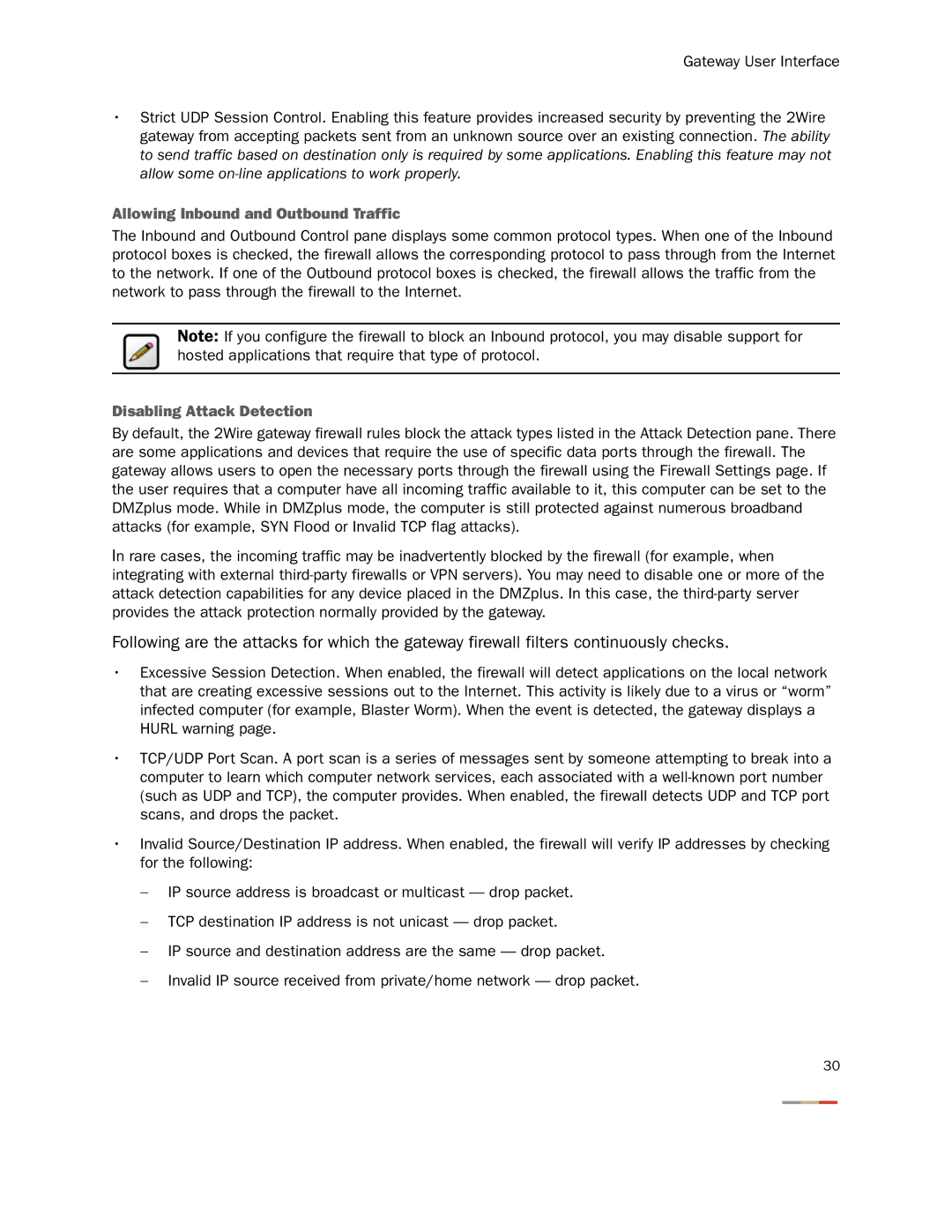 2Wire 3800HGV-B manual Allowing Inbound and Outbound Traffic, Disabling Attack Detection 