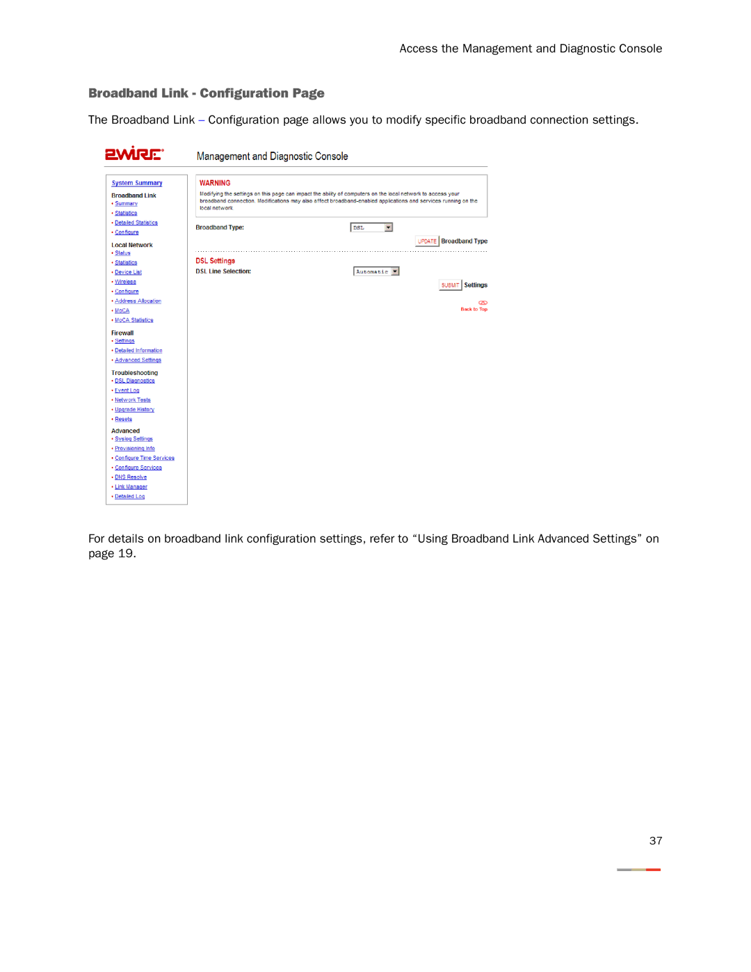 2Wire 3800HGV-B manual Broadband Link Configuration 