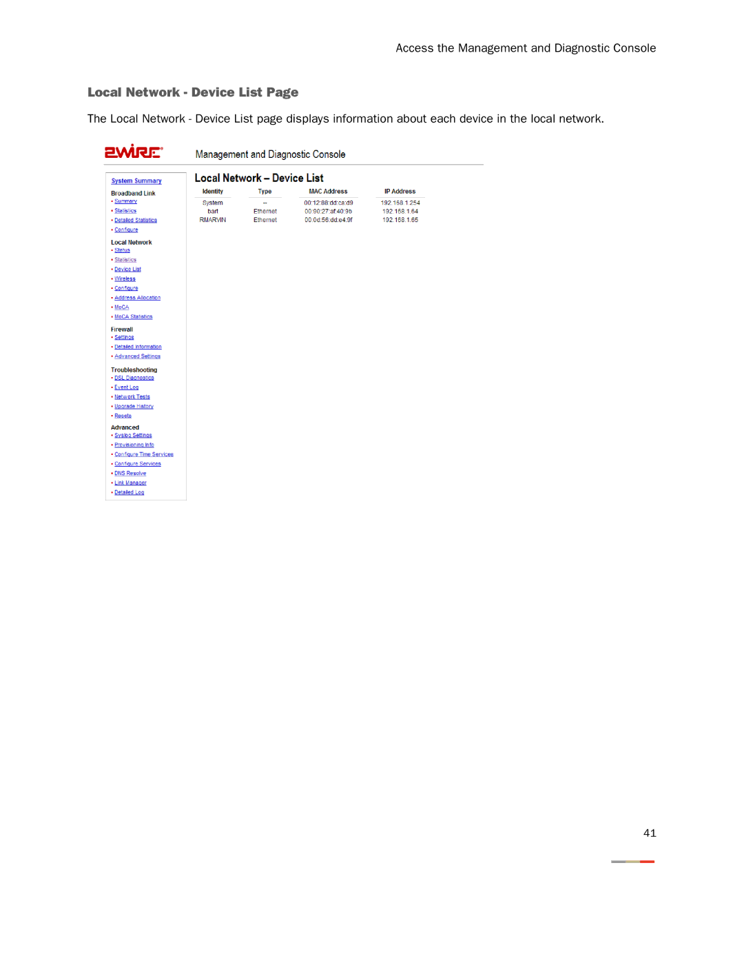 2Wire 3800HGV-B manual Local Network Device List 