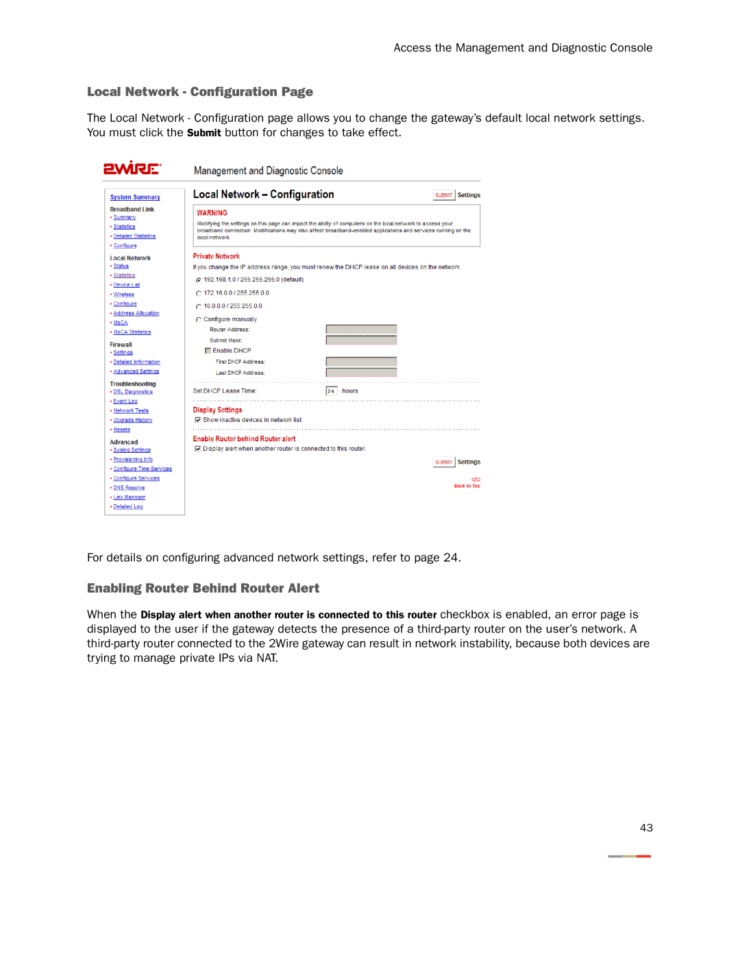 2Wire 3800HGV-B manual Local Network Configuration, Enabling Router Behind Router Alert 