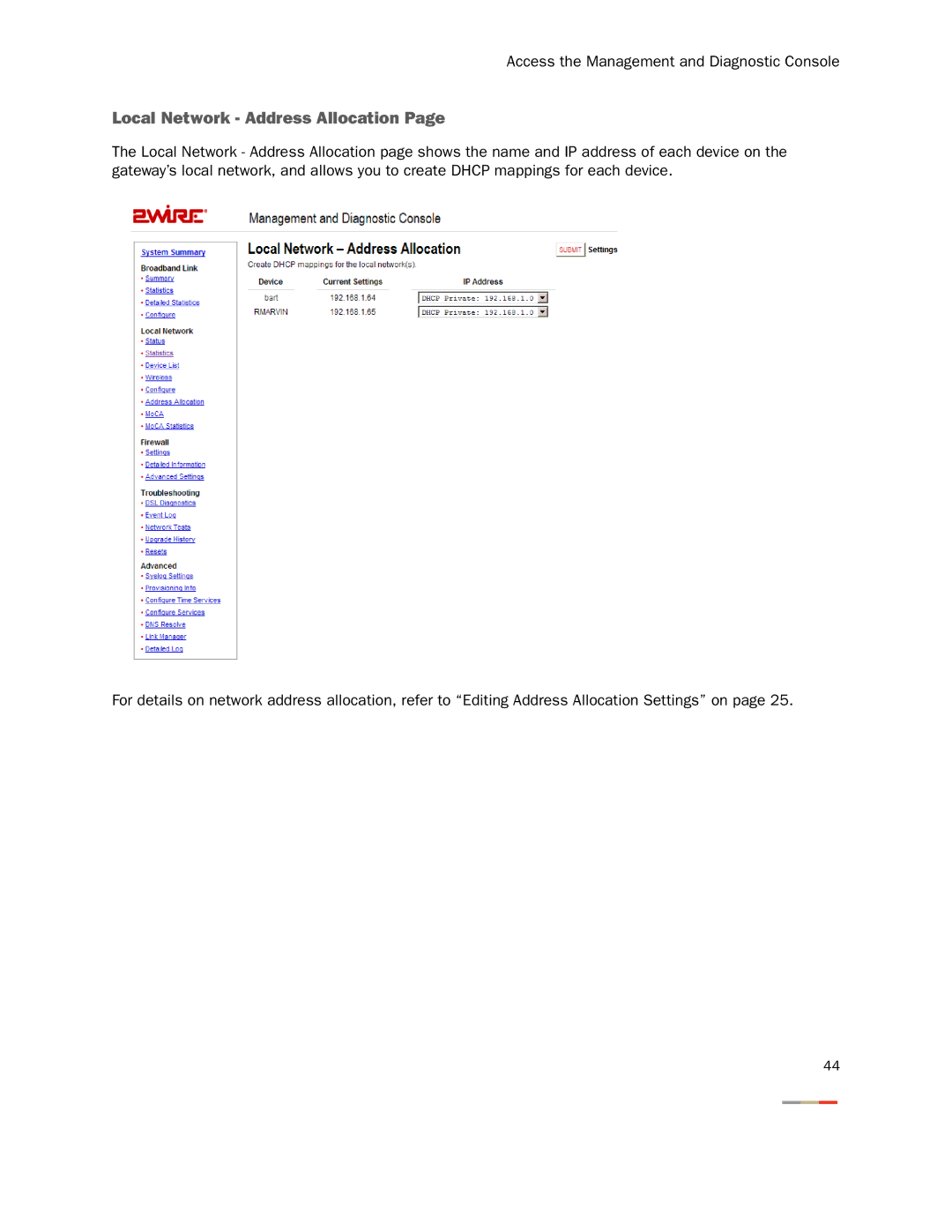 2Wire 3800HGV-B manual Local Network Address Allocation 