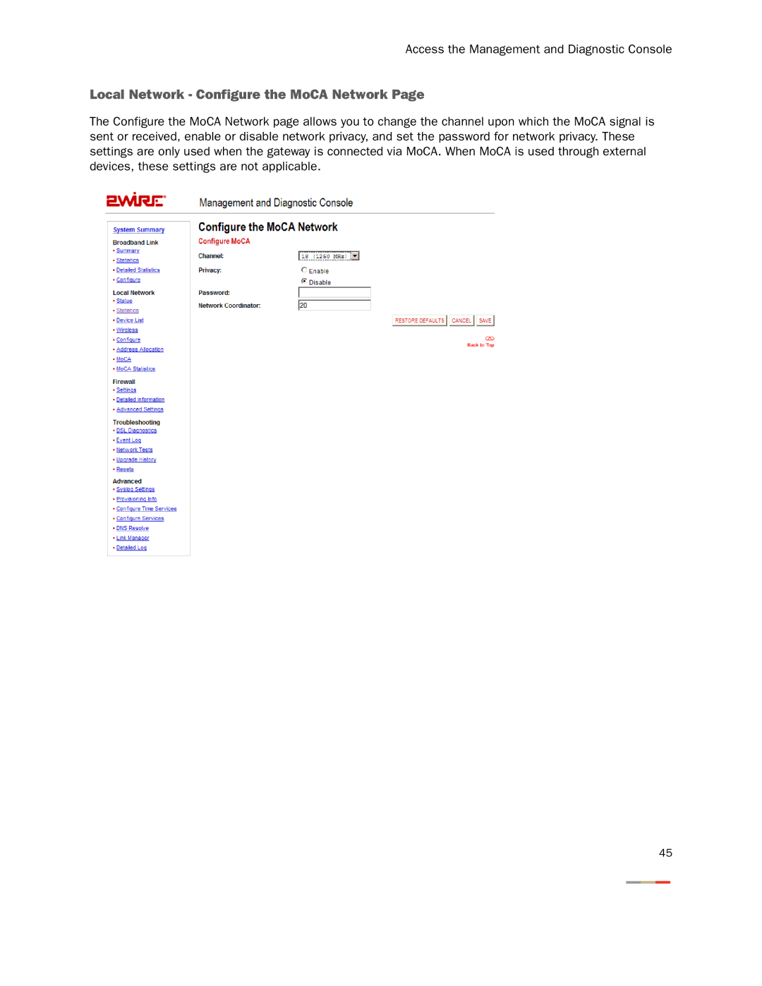 2Wire 3800HGV-B manual Local Network Configure the MoCA Network 