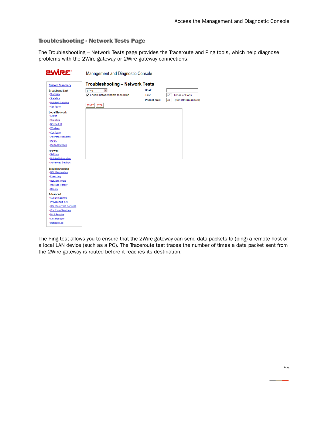 2Wire 3800HGV-B manual Troubleshooting Network Tests 