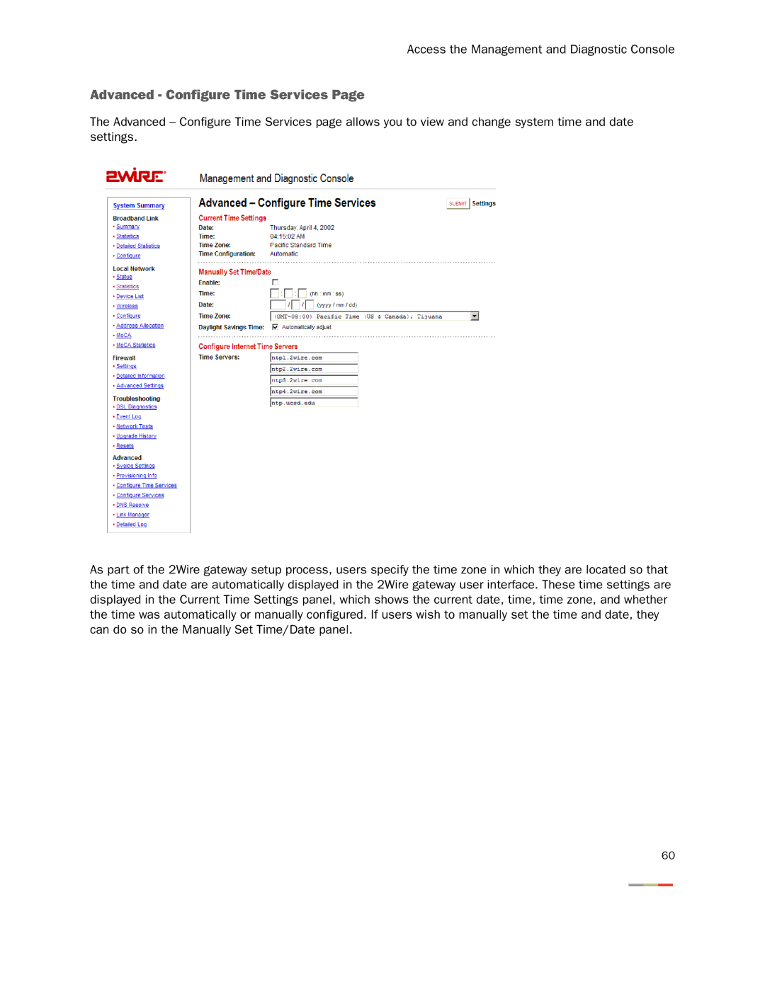 2Wire 3800HGV-B manual Advanced Configure Time Services 