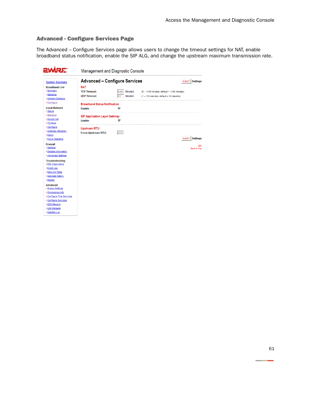 2Wire 3800HGV-B manual Advanced Configure Services 