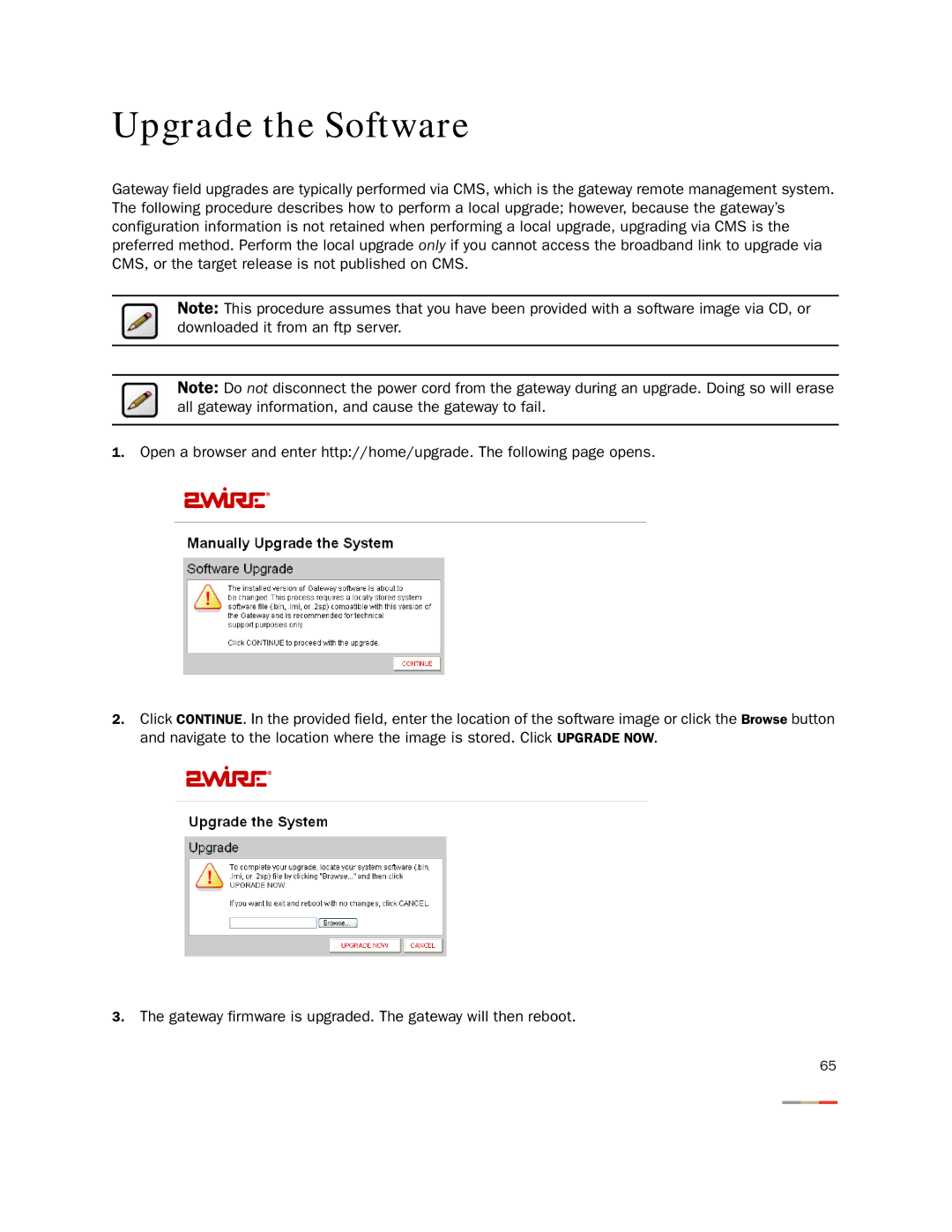 2Wire 3800HGV-B manual Upgrade the Software 