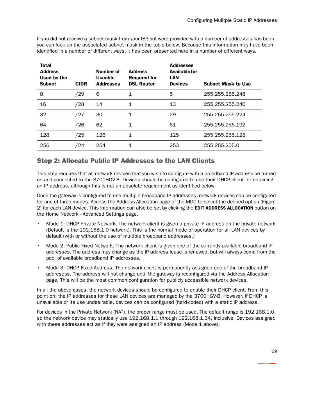 2Wire 3800HGV-B manual Allocate Public IP Addresses to the LAN Clients, Cidr 