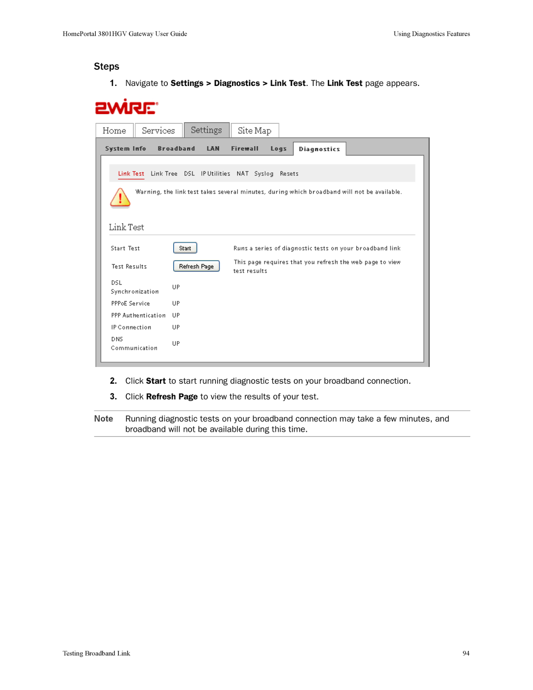 2Wire 3801HGV manual Testing Broadband Link 