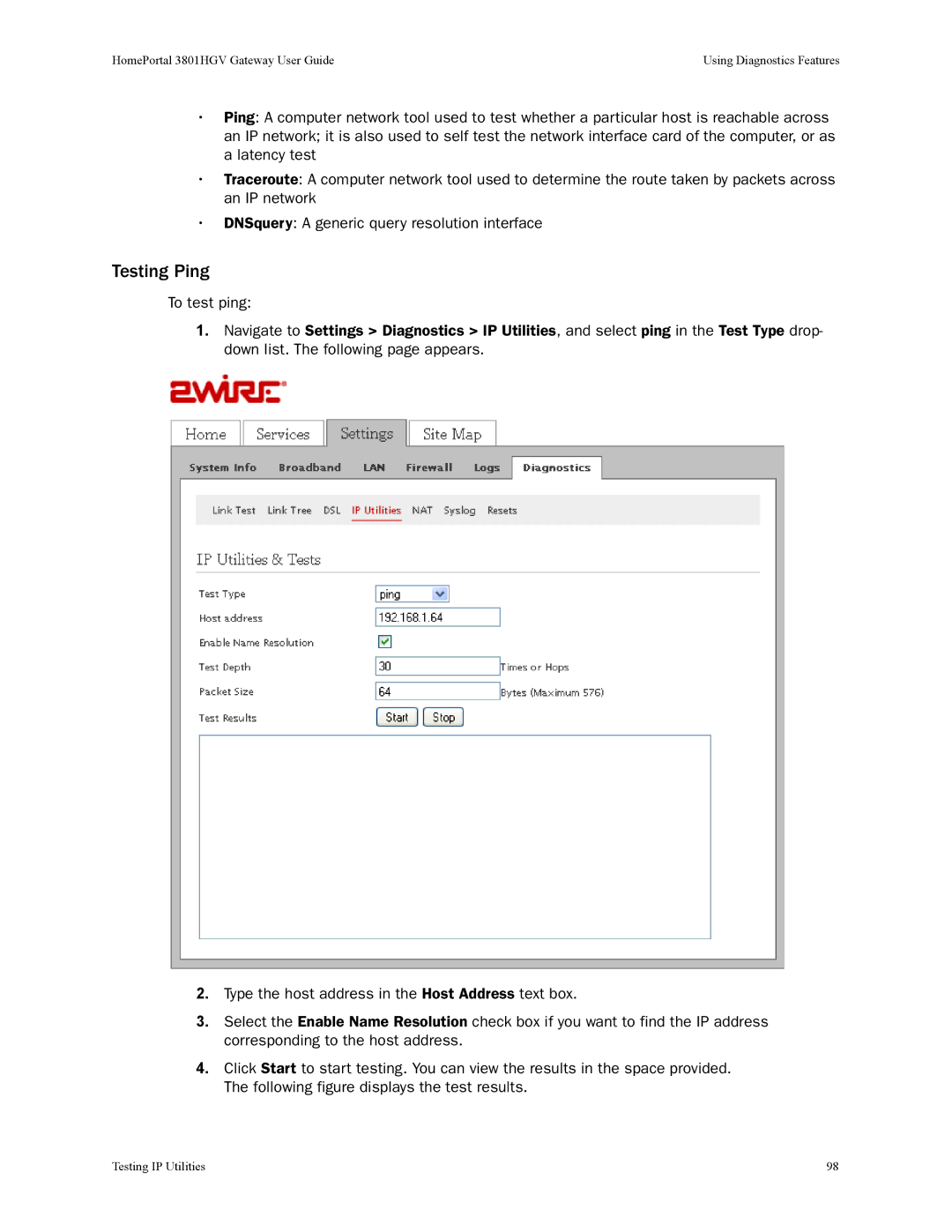 2Wire 3801HGV manual Testing Ping 