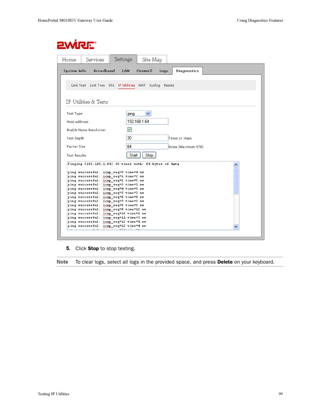 2Wire 3801HGV manual Click Stop to stop testing 