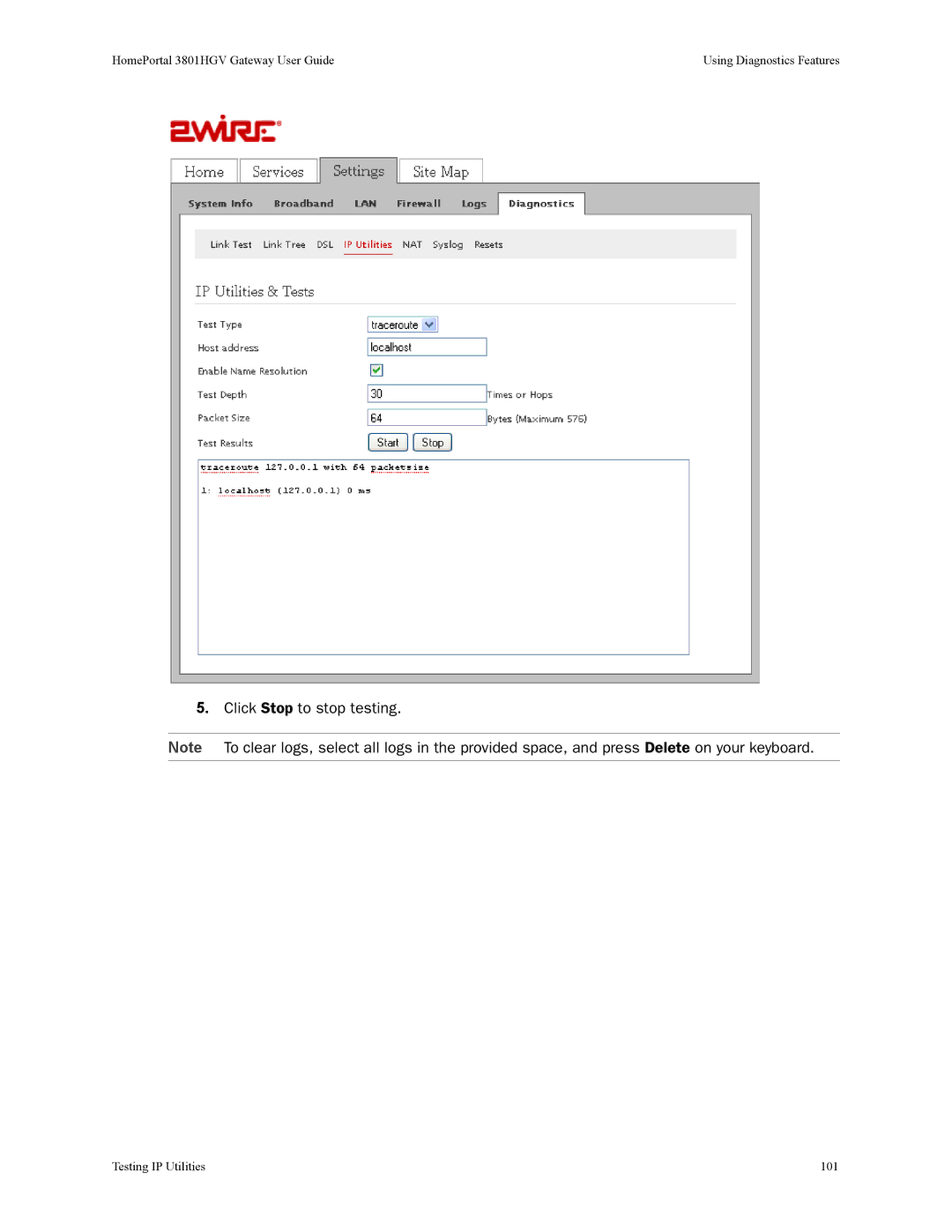 2Wire 3801HGV manual Testing IP Utilities 101 