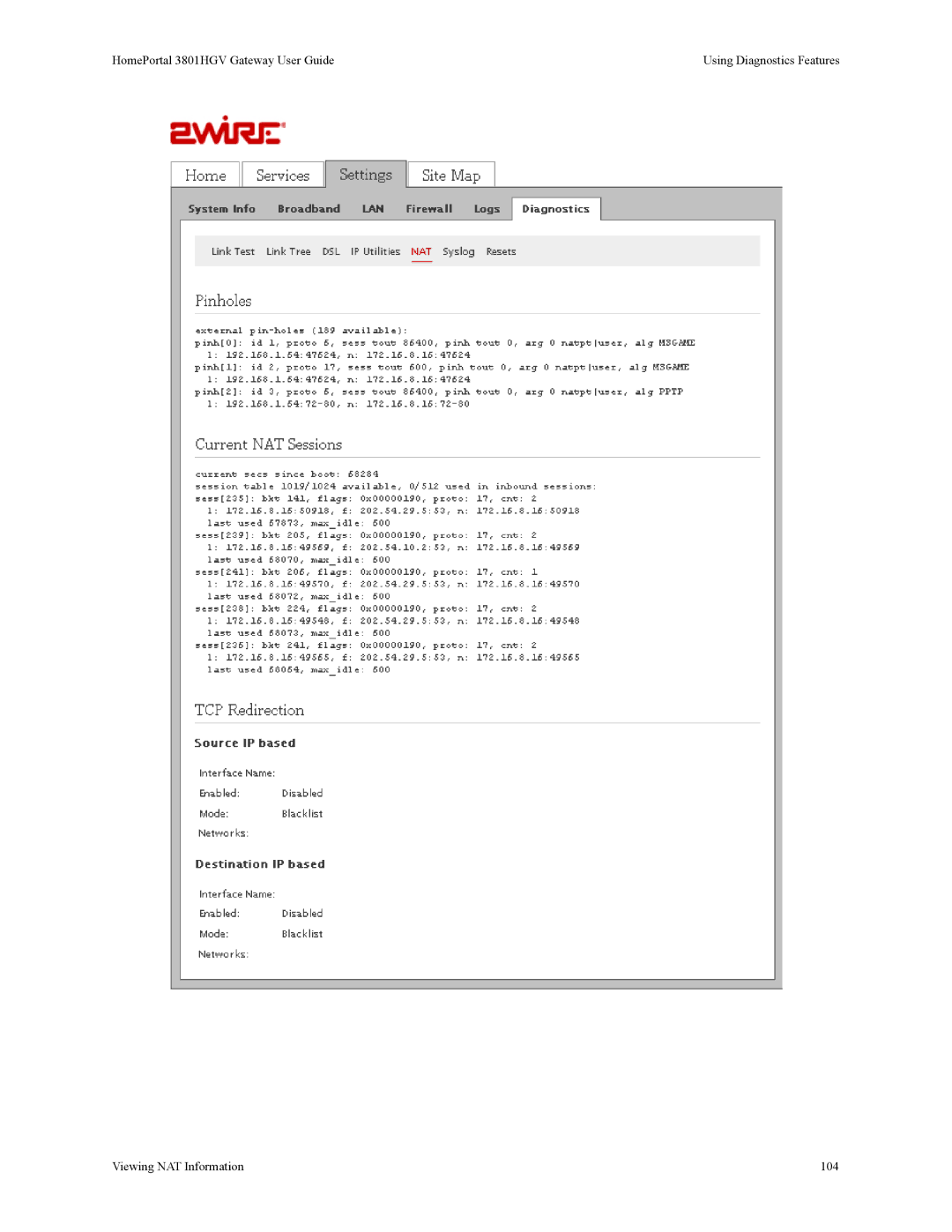 2Wire 3801HGV manual Viewing NAT Information 104 