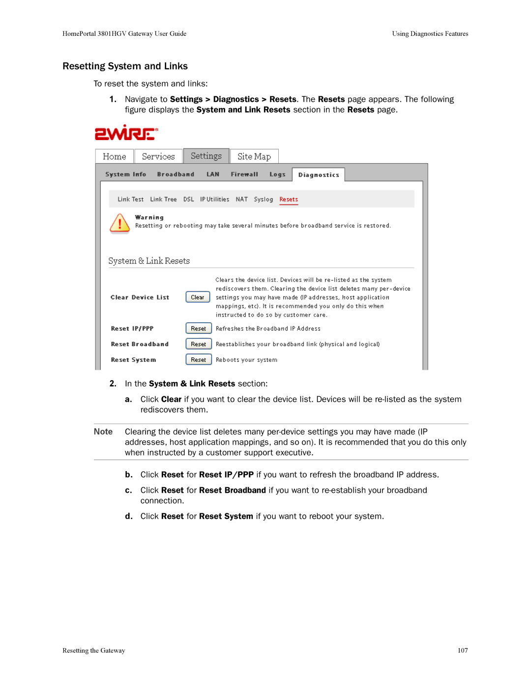 2Wire 3801HGV manual Resetting System and Links 