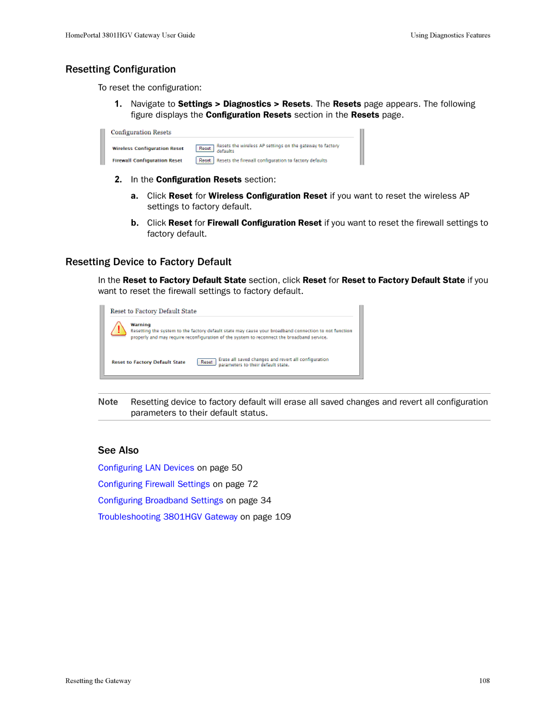 2Wire 3801HGV manual Resetting Configuration, Resetting Device to Factory Default 