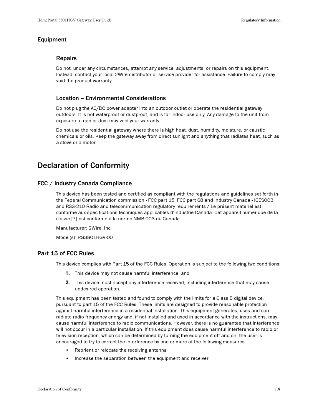 2Wire 3801HGV Declaration of Conformity, Equipment Repairs, Location Environmental Considerations, Part 15 of FCC Rules 