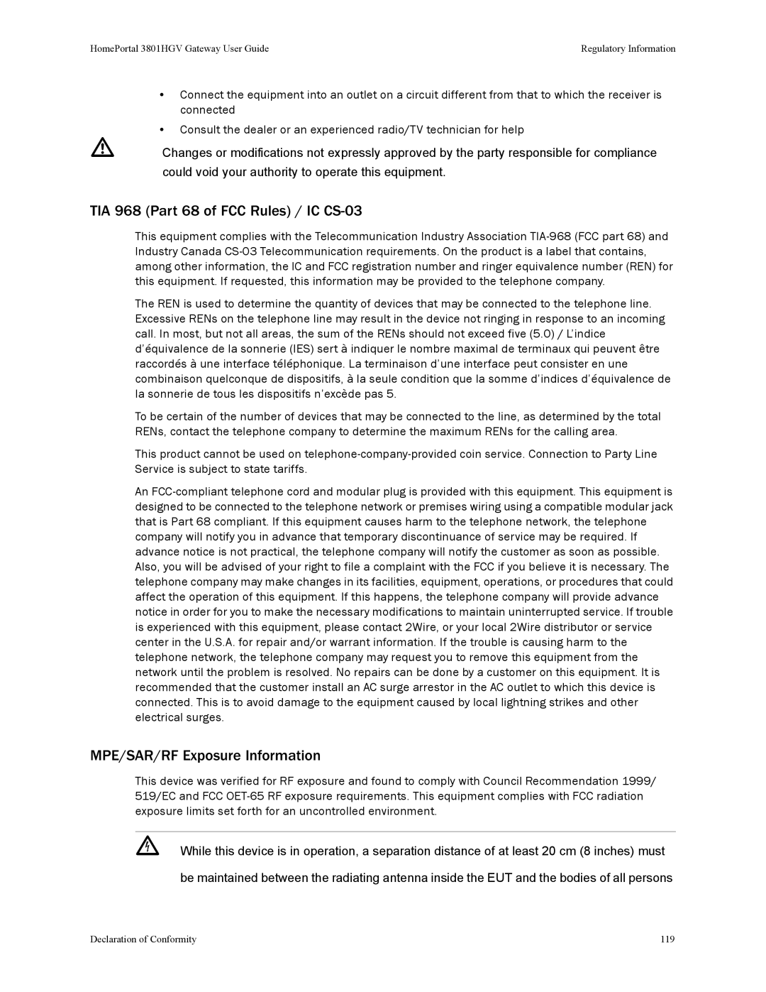 2Wire 3801HGV manual TIA 968 Part 68 of FCC Rules / IC CS-03, MPE/SAR/RF Exposure Information 